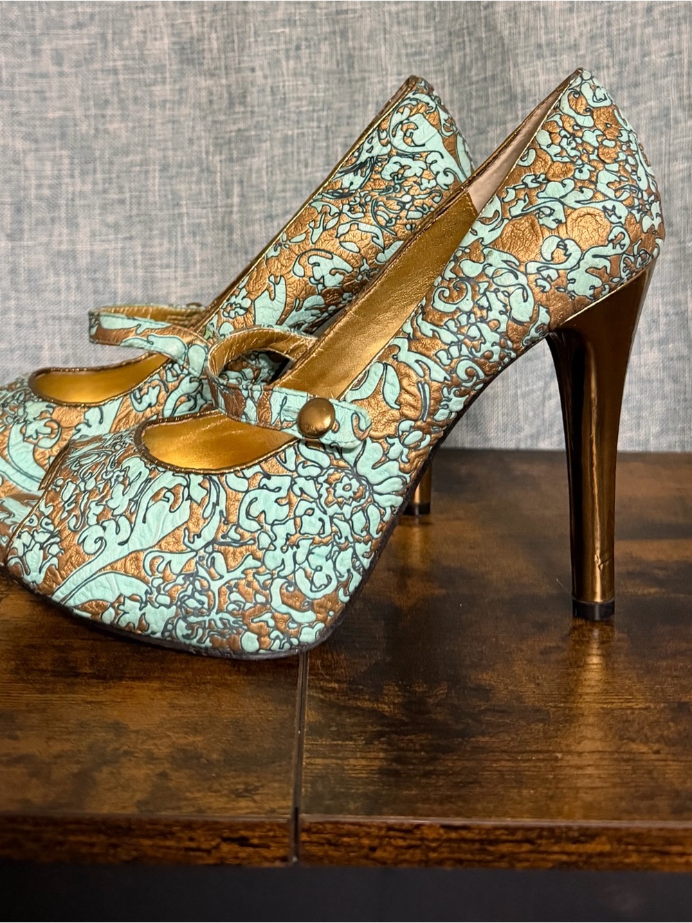 Hale Bob Leather Turquoise and Gold Floral Mary Jane Heels